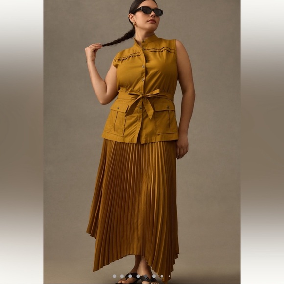 Anthropologie Sleeveless Vested Pleated
Midi Dress XL Utility Pockets Self Belt - Picture 5 of 16